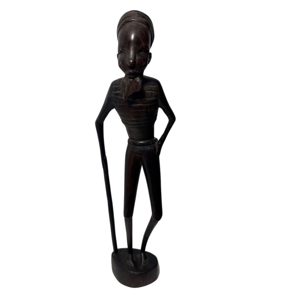 African Man Wood Sculpture with Cane 11" Tall Hand Carved In Tanganyika
